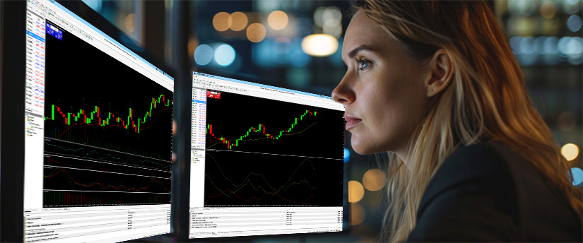 A woman intently views multiple screens showing financial trading charts with candlestick patterns, focusing on fundamental analysis for forex traders.
