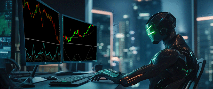 A dark armored robot with glowing green lights monitors multiple screens showing financial trading charts in a futuristic office, representing forex robots for automated trading.