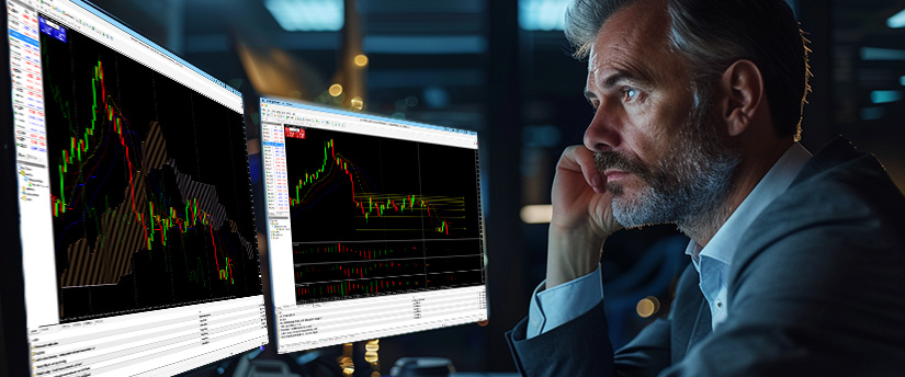 A man in a suit studies two computer monitors displaying stock market graphs, showing Patience in Trading with focus and intensity in a dimly lit office setting.