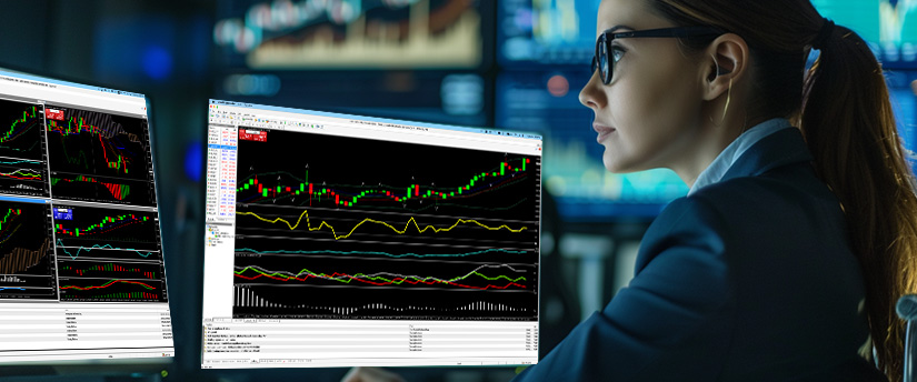 A focused person in glasses analyzes stock charts on multiple monitors in a dimly lit room, highlighting Patience in Trading in a professional trading environment.