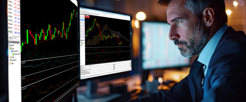 A focused man in a suit examines stock charts on computer screens in a dimly lit office, analyzing market movements with a focus on momentum trading forex, highlighting a tense and analytical finance and investment environment.