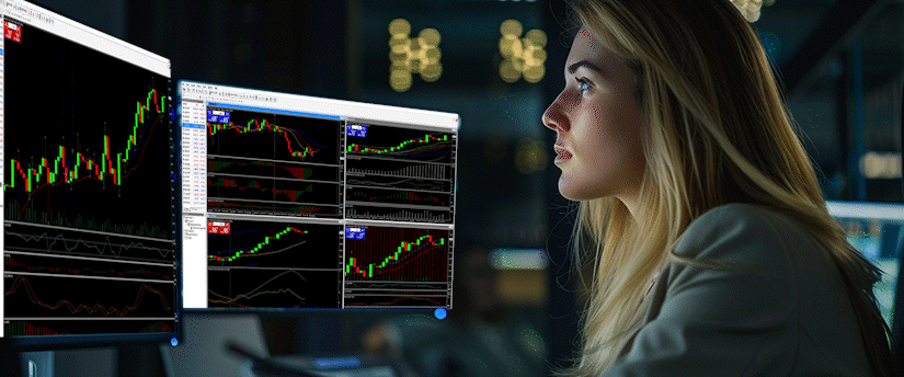 Professional woman in a suit monitors multiple trading screens showing forex candlestick charts and indicators in a dimly lit office, focusing on momentum trading forex.