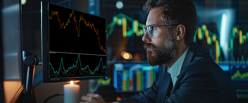Male trader in glasses analyzing candlestick price action on a vertical monitor using the best forex broker for day trading platform.