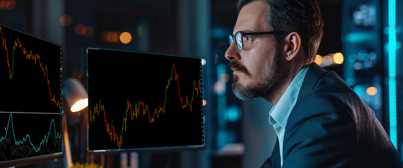 Crypto trader analyzing multi-screen technical charts to determine current crypto market sentiment and momentum.