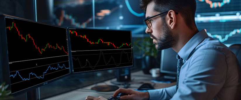Side view of a male financial analyst using multiple curved monitors to track stock fluctuations and implement a day trading forex strategy.