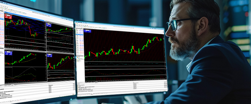 Side view of a male financial analyst using multiple curved monitors to track stock fluctuations and implement a day trading forex strategy.
