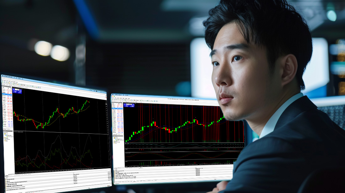 A young professional businessman closely reviewing green and red candlestick line charts, optimized for a day trading forex strategy.