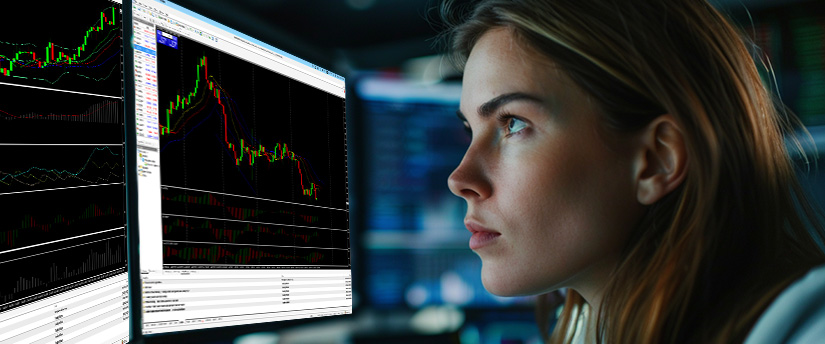 A focused woman analyzing multi-screen financial charts and candlestick patterns for a day trading forex strategy in a dimly lit office.
