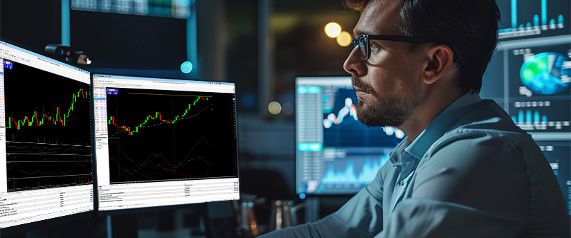 Male trader analyzing candlestick trading charts on multiple monitors to learn how to calculate pips in forex.