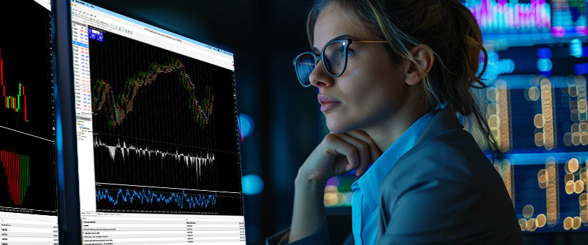 A woman wearing glasses studying technical indicators and market spreads in trading on a computer setup.