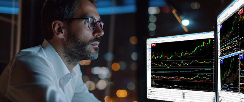 A male trader in a dark office analyzing financial charts and bid-ask spreads in trading on multiple computer screens.