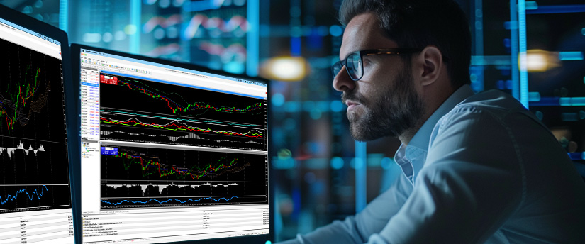 Side profile of a focused male trader with a beard and glasses, looking closely at multiple computer monitors displaying complex financial charts and technical indicators. The background shows a modern, blue-lit control room setting. This image represents the analysis and dedication required when trading with forex for beginners.