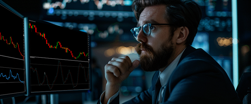 Close-up of a bearded trader with glasses looking intently at financial charts and oscillators to gauge currency pair strength.