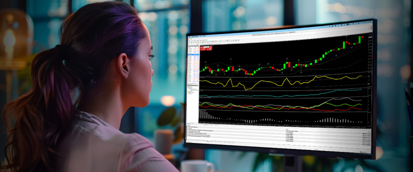 A female financial analyst looking at a computer monitor displaying complex price action and candlestick charts, perfect for illustrating what is a commodity in economics and market analysis.