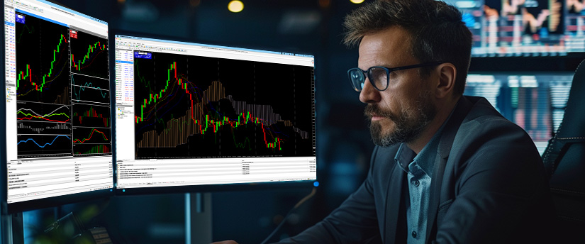 Trader studying multiple charts to identify liquidity sweeps around support and resistance
