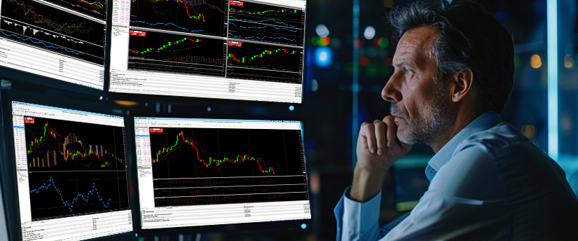Forex trader reviewing major currency pairs, spreads and market liquidity on trading charts