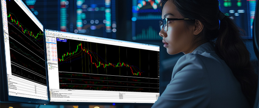 Woman analyzing stock index charts and technical indicators on an indices trading platform