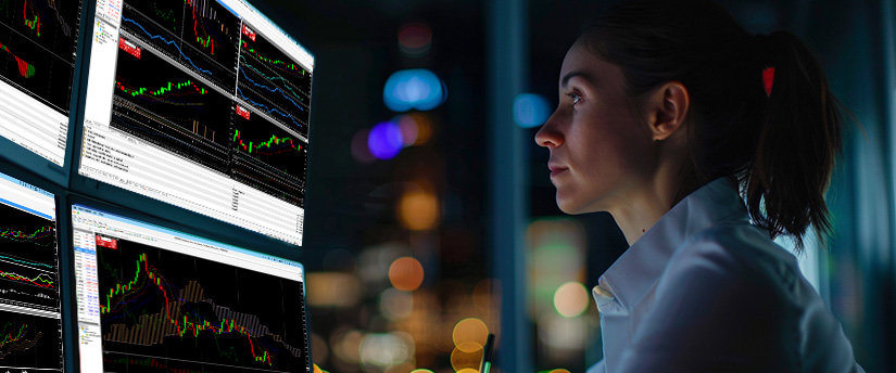 Precious metals trader studying gold and silver price charts on multiple screens