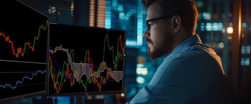 Trader analyzing precious metals price charts and technical indicators on a trading platform
