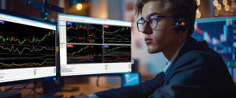 Trader analyzing Bitcoin market charts and implied volatility indicators