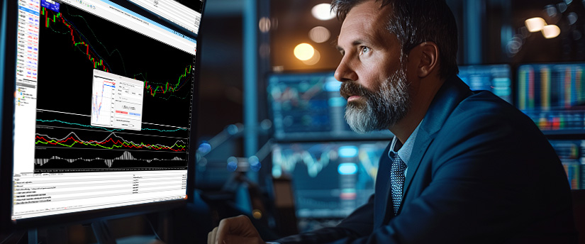Trader analyzing forex charts and market reactions to hawkish and dovish policy signals