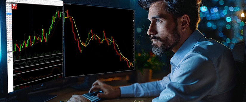 Trader reviewing a candlestick chart and an indicator chart side by side on two screens