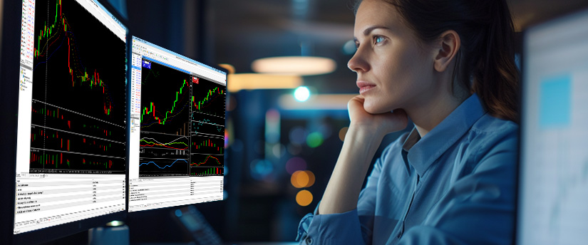 Trader studying two correlated forex charts on trading platform screens to spot SMT divergence